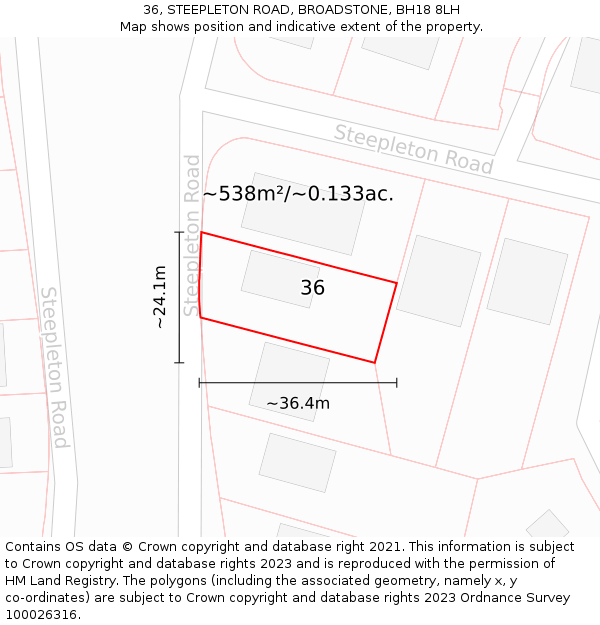 36, STEEPLETON ROAD, BROADSTONE, BH18 8LH: Plot and title map