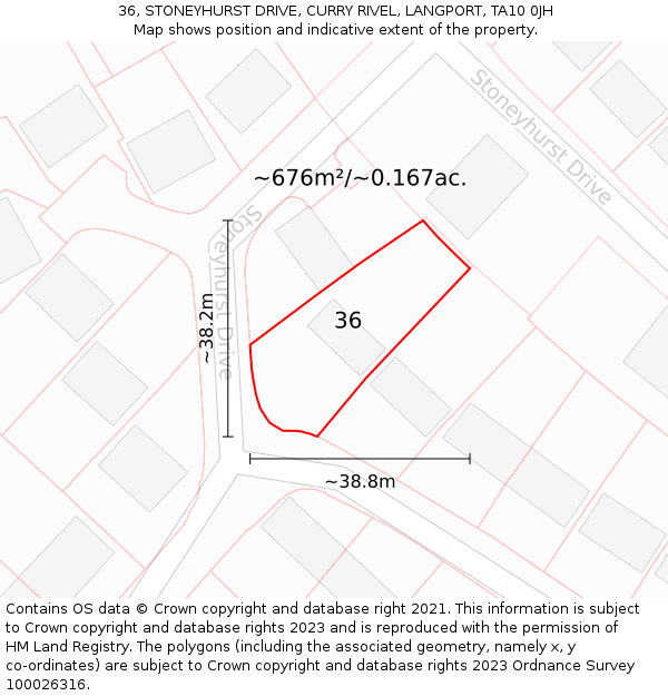 36, STONEYHURST DRIVE, CURRY RIVEL, LANGPORT, TA10 0JH: Plot and title map