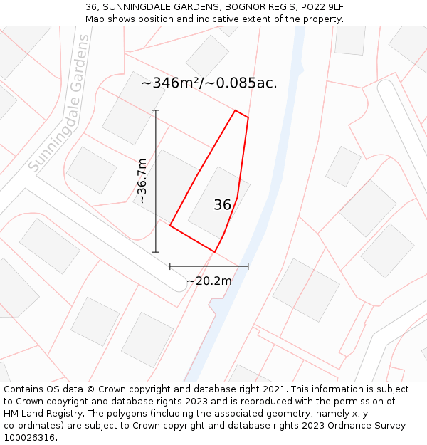 36, SUNNINGDALE GARDENS, BOGNOR REGIS, PO22 9LF: Plot and title map