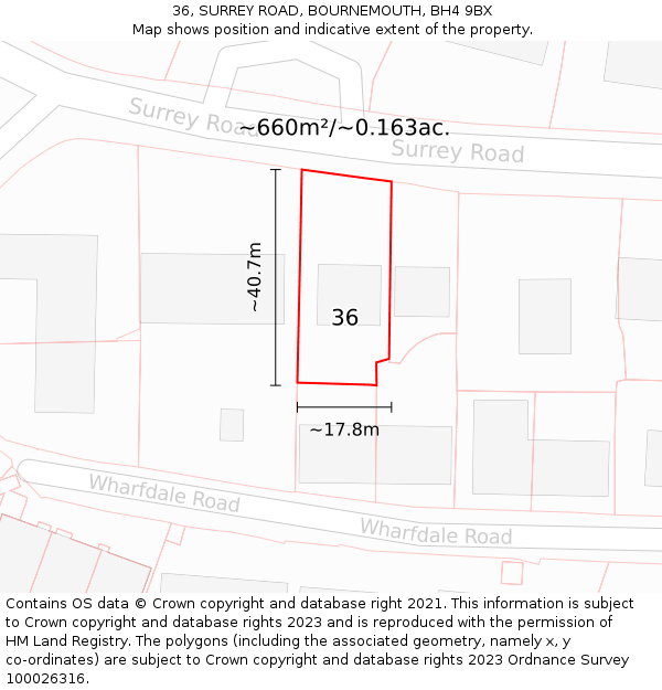 36, SURREY ROAD, BOURNEMOUTH, BH4 9BX: Plot and title map