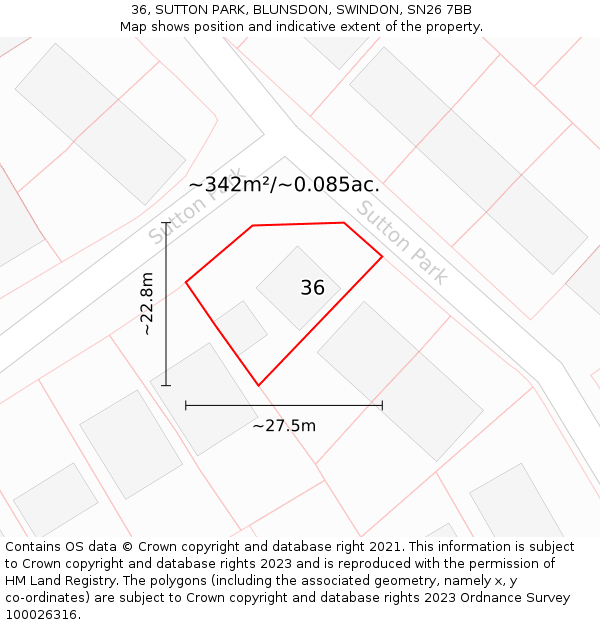 36, SUTTON PARK, BLUNSDON, SWINDON, SN26 7BB: Plot and title map