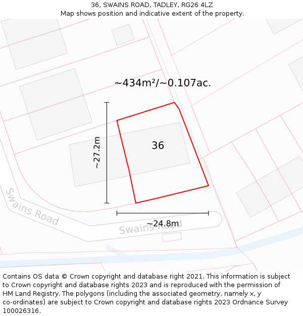 36, SWAINS ROAD, TADLEY, RG26 4LZ: Plot and title map