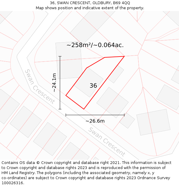 36, SWAN CRESCENT, OLDBURY, B69 4QQ: Plot and title map