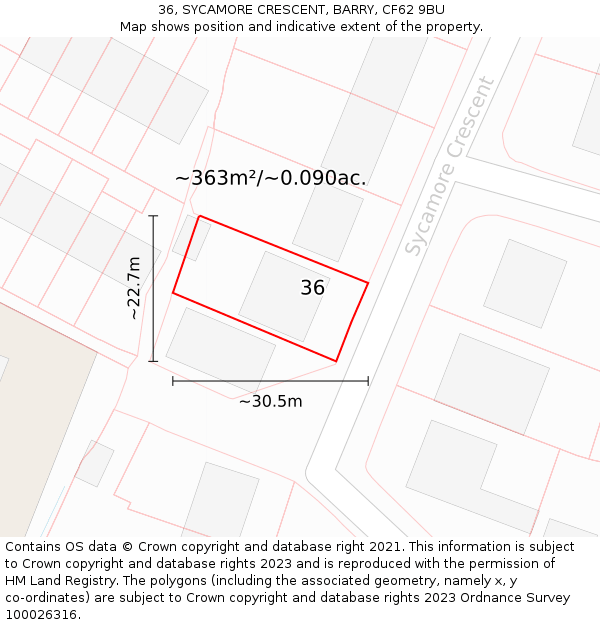 36, SYCAMORE CRESCENT, BARRY, CF62 9BU: Plot and title map