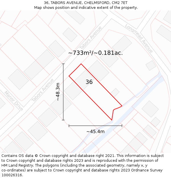 36, TABORS AVENUE, CHELMSFORD, CM2 7ET: Plot and title map