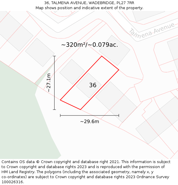 36, TALMENA AVENUE, WADEBRIDGE, PL27 7RR: Plot and title map