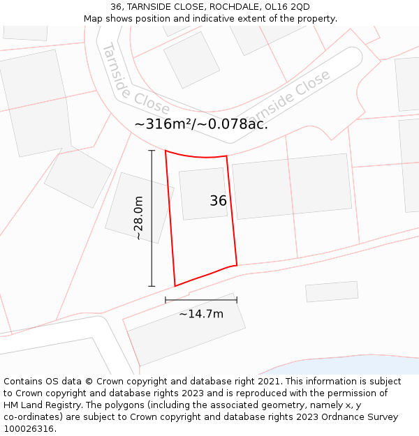 36, TARNSIDE CLOSE, ROCHDALE, OL16 2QD: Plot and title map