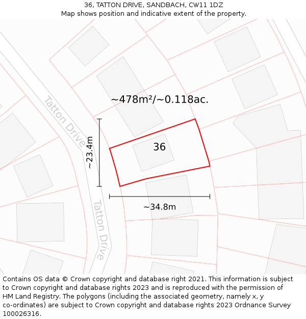 36, TATTON DRIVE, SANDBACH, CW11 1DZ: Plot and title map