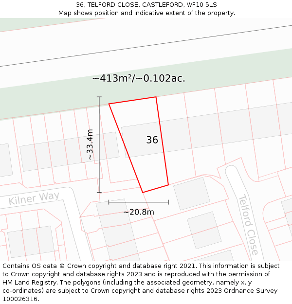 36, TELFORD CLOSE, CASTLEFORD, WF10 5LS: Plot and title map