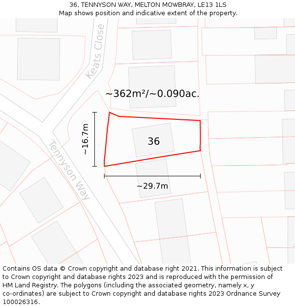 36, TENNYSON WAY, MELTON MOWBRAY, LE13 1LS: Plot and title map