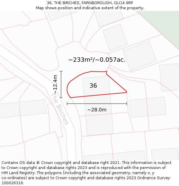 36, THE BIRCHES, FARNBOROUGH, GU14 9RP: Plot and title map