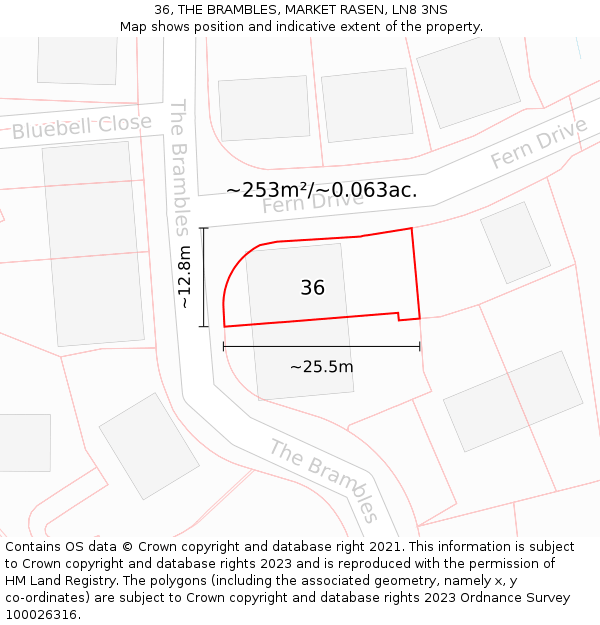 36, THE BRAMBLES, MARKET RASEN, LN8 3NS: Plot and title map