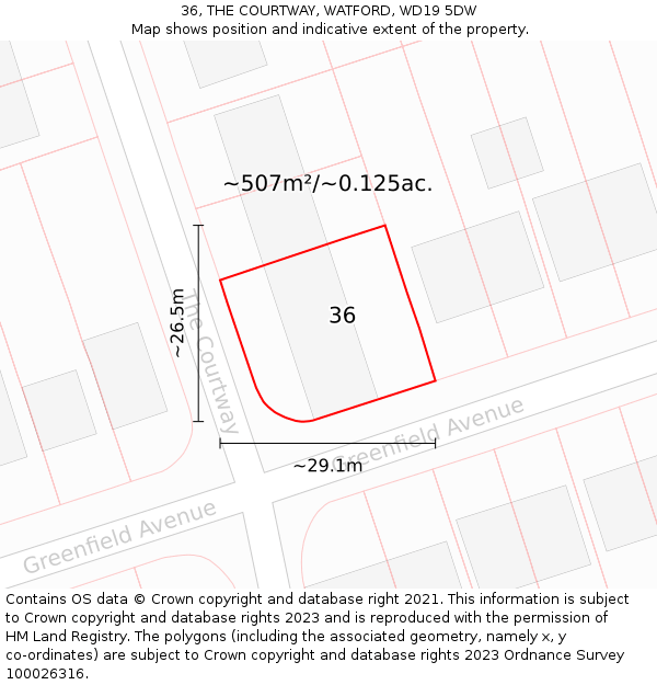 36, THE COURTWAY, WATFORD, WD19 5DW: Plot and title map