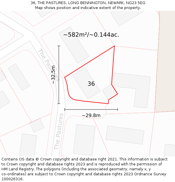 36, THE PASTURES, LONG BENNINGTON, NEWARK, NG23 5EG: Plot and title map