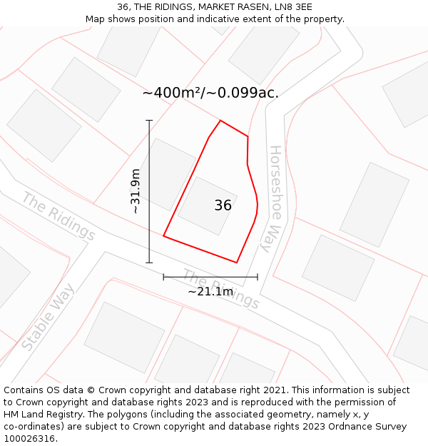 36, THE RIDINGS, MARKET RASEN, LN8 3EE: Plot and title map