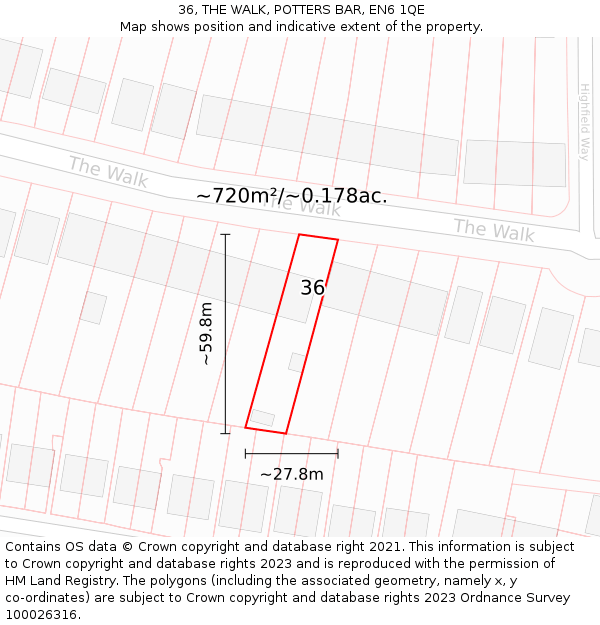 36, THE WALK, POTTERS BAR, EN6 1QE: Plot and title map