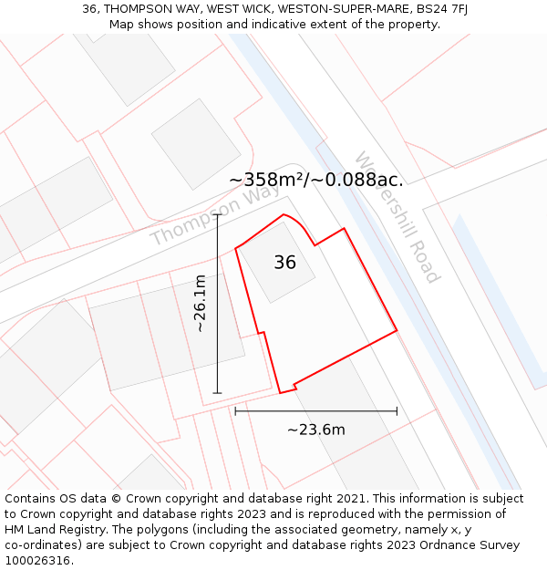 36, THOMPSON WAY, WEST WICK, WESTON-SUPER-MARE, BS24 7FJ: Plot and title map