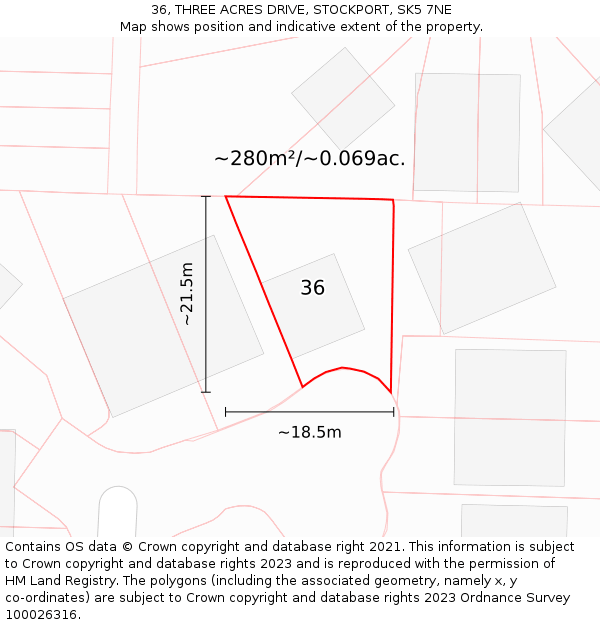 36, THREE ACRES DRIVE, STOCKPORT, SK5 7NE: Plot and title map