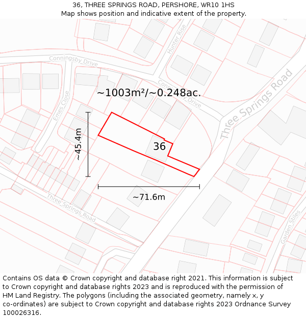 36, THREE SPRINGS ROAD, PERSHORE, WR10 1HS: Plot and title map