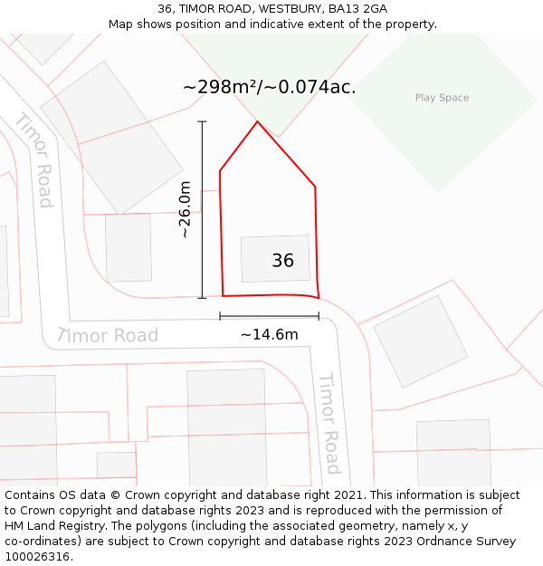 36, TIMOR ROAD, WESTBURY, BA13 2GA: Plot and title map