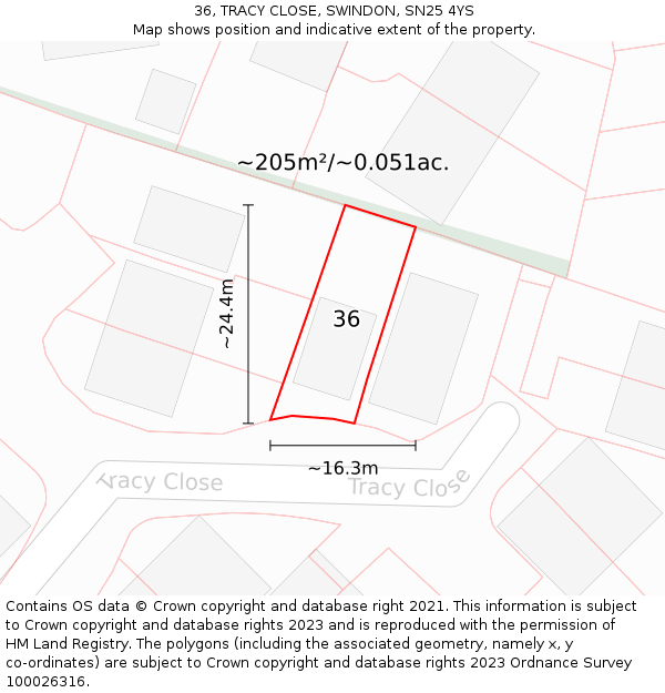 36, TRACY CLOSE, SWINDON, SN25 4YS: Plot and title map