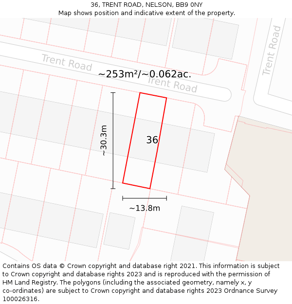 36, TRENT ROAD, NELSON, BB9 0NY: Plot and title map