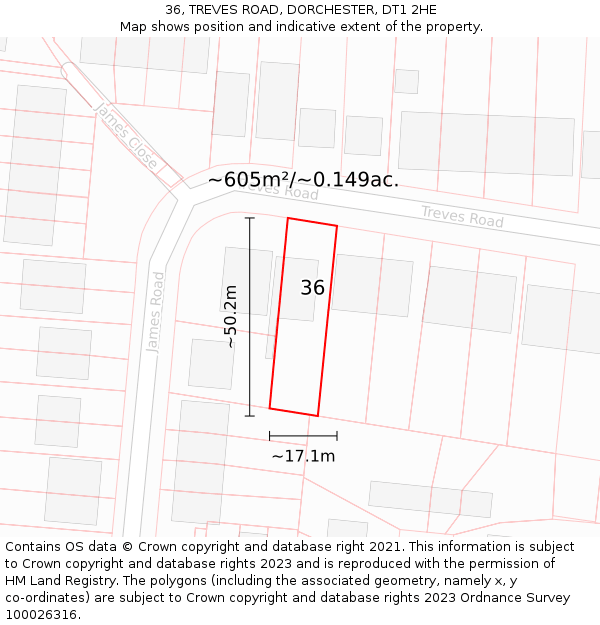 36, TREVES ROAD, DORCHESTER, DT1 2HE: Plot and title map