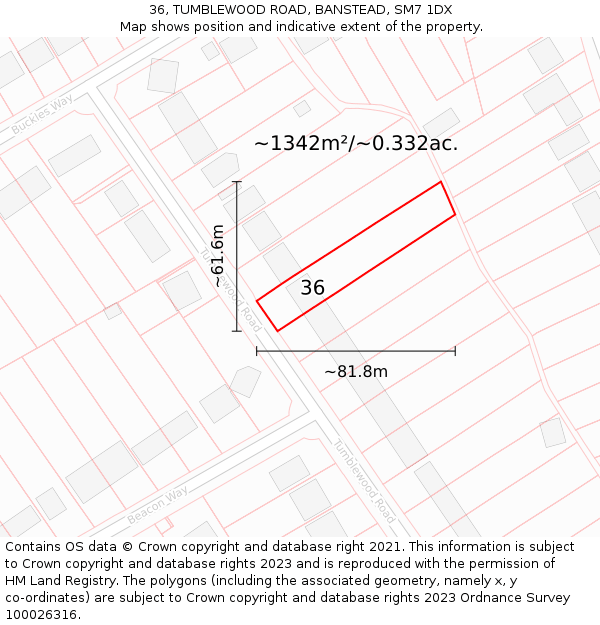 36, TUMBLEWOOD ROAD, BANSTEAD, SM7 1DX: Plot and title map