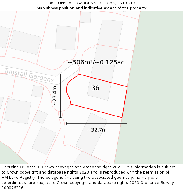 36, TUNSTALL GARDENS, REDCAR, TS10 2TR: Plot and title map