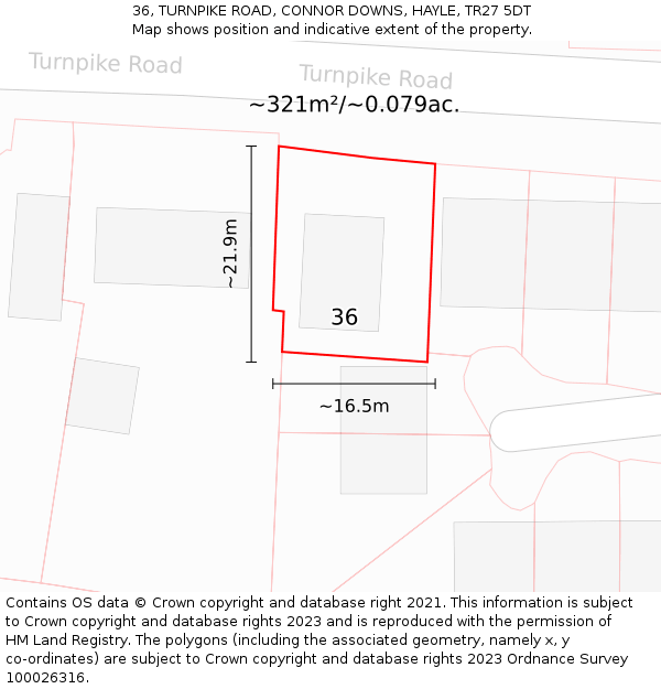 36, TURNPIKE ROAD, CONNOR DOWNS, HAYLE, TR27 5DT: Plot and title map