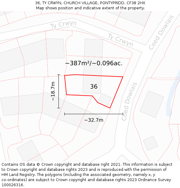 36, TY CRWYN, CHURCH VILLAGE, PONTYPRIDD, CF38 2HX: Plot and title map