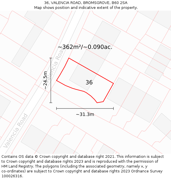 36, VALENCIA ROAD, BROMSGROVE, B60 2SA: Plot and title map