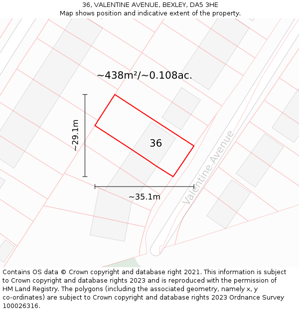 36, VALENTINE AVENUE, BEXLEY, DA5 3HE: Plot and title map