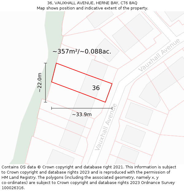 36, VAUXHALL AVENUE, HERNE BAY, CT6 8AQ: Plot and title map