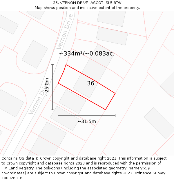 36, VERNON DRIVE, ASCOT, SL5 8TW: Plot and title map