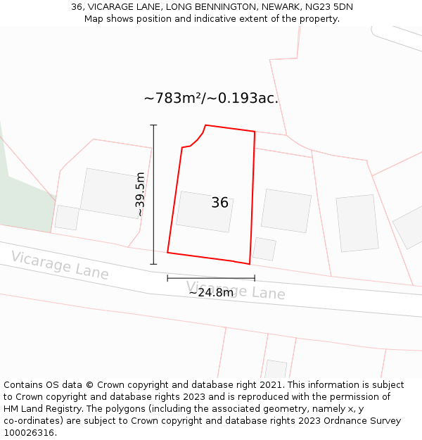 36, VICARAGE LANE, LONG BENNINGTON, NEWARK, NG23 5DN: Plot and title map