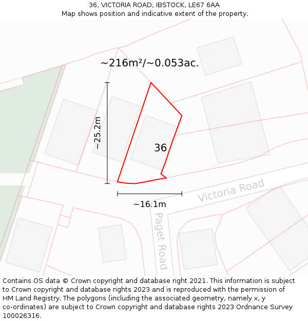 36, VICTORIA ROAD, IBSTOCK, LE67 6AA: Plot and title map