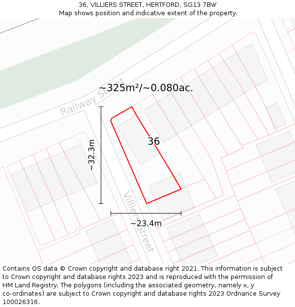 36, VILLIERS STREET, HERTFORD, SG13 7BW: Plot and title map