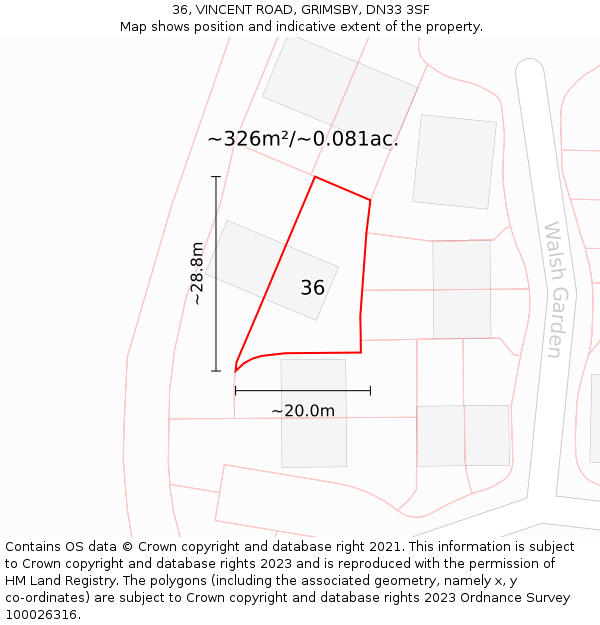36, VINCENT ROAD, GRIMSBY, DN33 3SF: Plot and title map