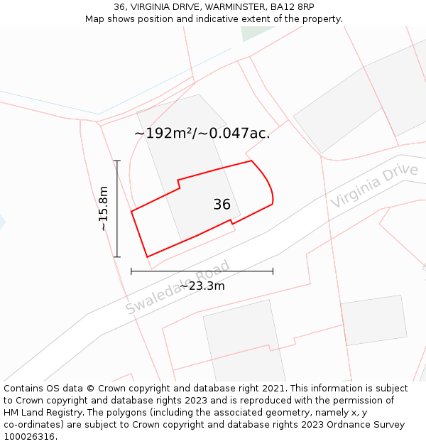 36, VIRGINIA DRIVE, WARMINSTER, BA12 8RP: Plot and title map