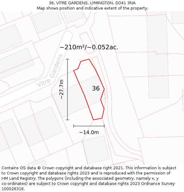 36, VITRE GARDENS, LYMINGTON, SO41 3NA: Plot and title map