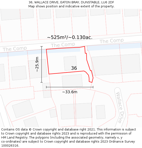 36, WALLACE DRIVE, EATON BRAY, DUNSTABLE, LU6 2DF: Plot and title map