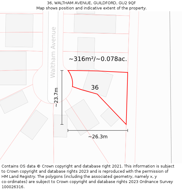 36, WALTHAM AVENUE, GUILDFORD, GU2 9QF: Plot and title map