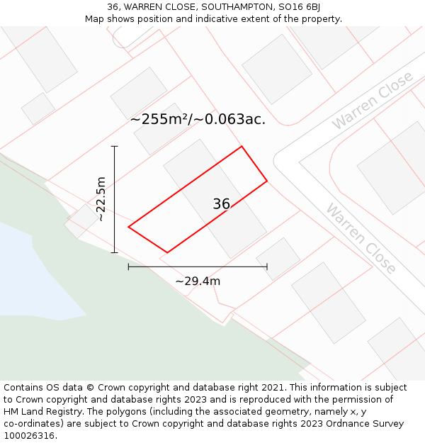 36, WARREN CLOSE, SOUTHAMPTON, SO16 6BJ: Plot and title map