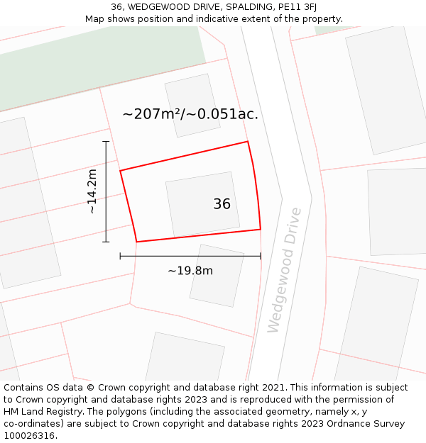 36, WEDGEWOOD DRIVE, SPALDING, PE11 3FJ: Plot and title map