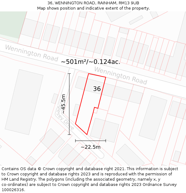 36, WENNINGTON ROAD, RAINHAM, RM13 9UB: Plot and title map