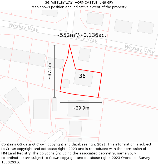 36, WESLEY WAY, HORNCASTLE, LN9 6RY: Plot and title map