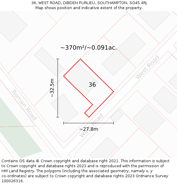 36, WEST ROAD, DIBDEN PURLIEU, SOUTHAMPTON, SO45 4RJ: Plot and title map