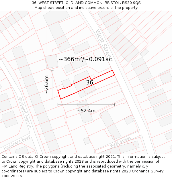 36, WEST STREET, OLDLAND COMMON, BRISTOL, BS30 9QS: Plot and title map