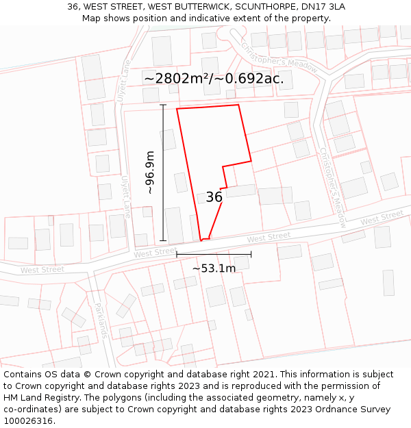 36, WEST STREET, WEST BUTTERWICK, SCUNTHORPE, DN17 3LA: Plot and title map